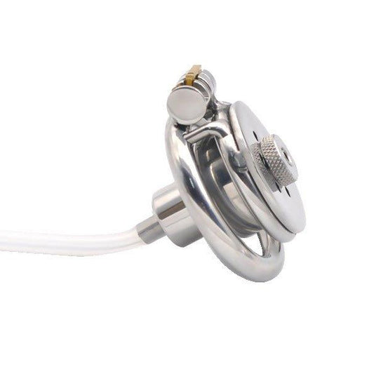 Flat Chastity Cage C8 with Urethral Tube on a white background side view