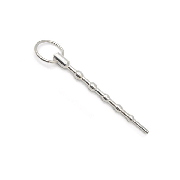 A silver-colored penis plug with a metallic finish and a small ring at the base. The plug has a series of rounded protrusions along its shaft.