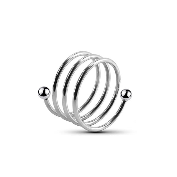 A silver metal cock ring with a spiral design and beads on the ends, designed to encircle the penis.