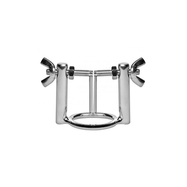 A stainless steel urethral stretcher with two rounded spreader arms and a ring attached to the tip of the penis.