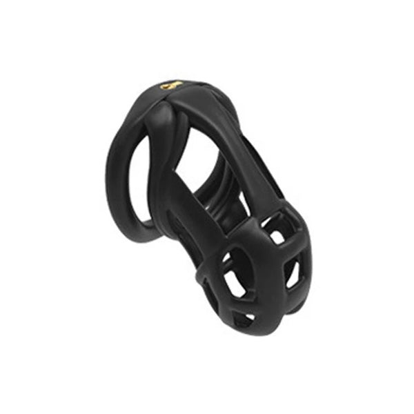 A small, black nylon resin chastity cage with a sleek and curved design, including visible flat base rings and a locking mechanism.