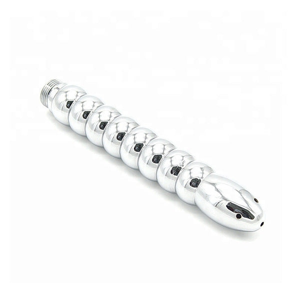 A silver-colored aluminum douche head with a series of holes along its length, designed for anal or vaginal use.