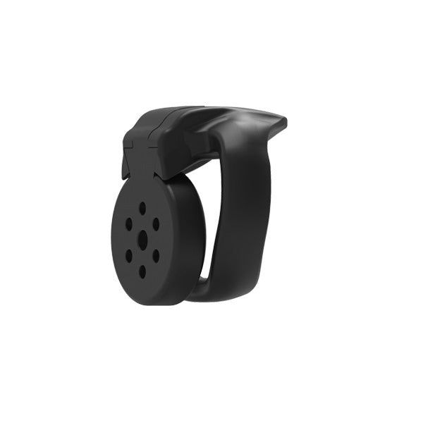 A black resin chastity cage with multiple vent holes and a small locking mechanism on the side.