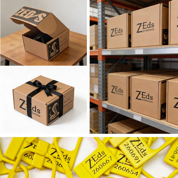 Collage of Zeds production boxes and labels in various settings.