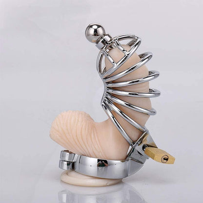 Metal chastity device on a white background
