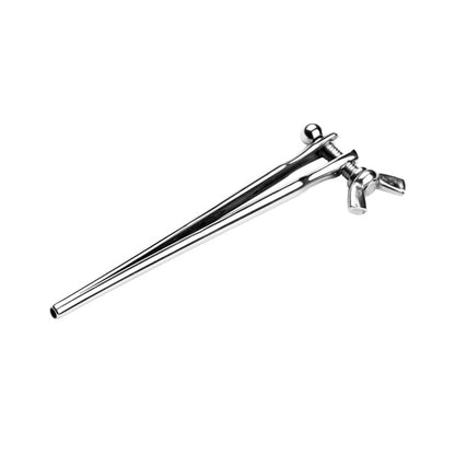 A stainless steel urethral stretcher with a screw mechanism and flared tip, designed for penis plug play.
