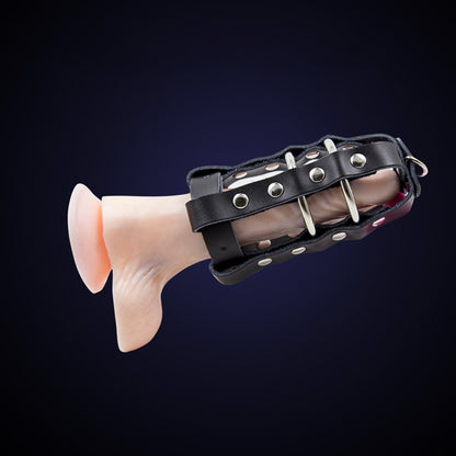 Leather Punisher Chastity Restraint with a dildo demo
