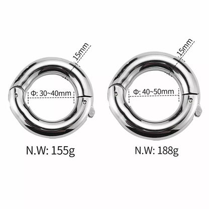 Two silver Ball Stretcher Cock rings with measurements and weight details on a white background