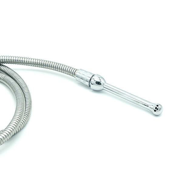 Silver flexible hose with a 3-Hole Douche Head on a white background