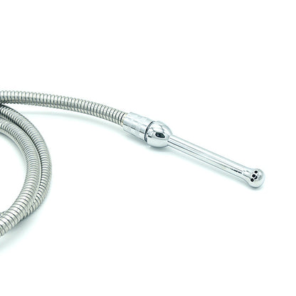 Silver flexible hose with a 3-Hole Douche Head on a white background