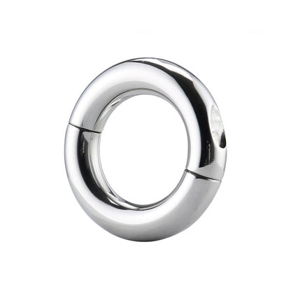 A shiny, metallic round ball stretcher cockring with a smooth surface. The product is designed for intimate use and has a silver color.