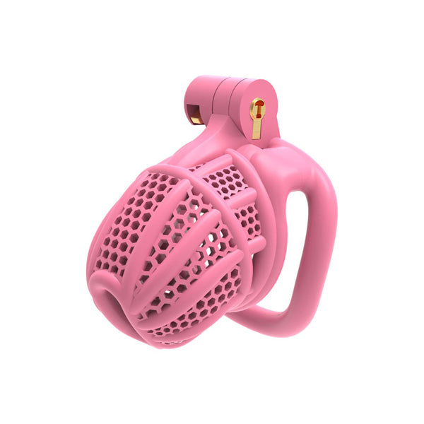 Chastity Cage D9 Pink with mesh design on a white background