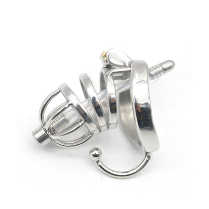 A stainless steel chastity device with a cage and urethral catheter tube, featuring an ergonomic design and a built-in lock system.