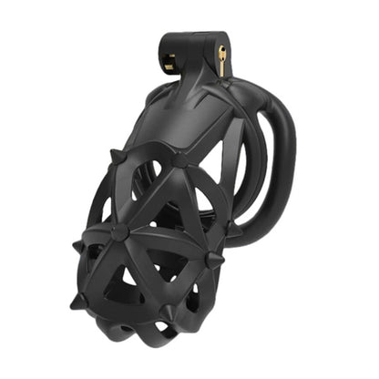 A black diamond-shaped chastity cage with removable silicone spikes designed for lockable chastity play.