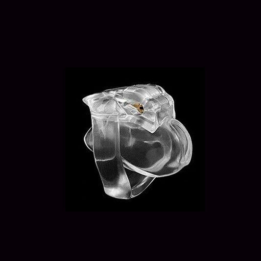 A clear, resin chastity device with a nub, featuring a smooth texture and a transparent design.