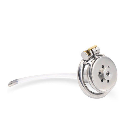 Flat Chastity Cage C8 with Urethral Tube on a white background