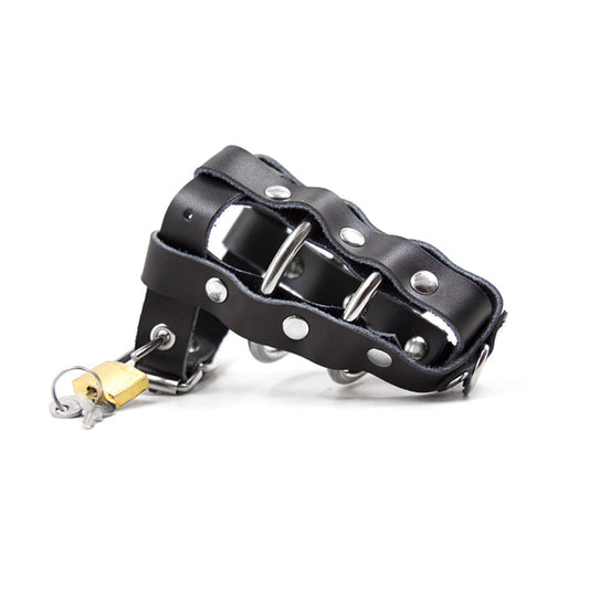 A black leather chastity restraint with stainless steel rings and a small brass padlock. The device is designed to be worn on the penis and includes two keys for locking.