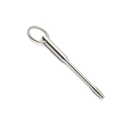 A stainless steel penis plug with a small ring near the top, designed for urethral stimulation.