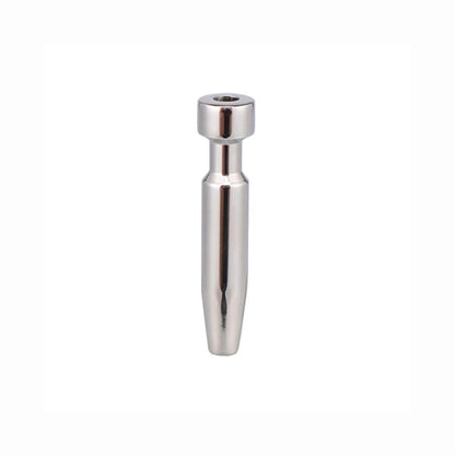 A silver-colored, cylindrical stainless steel penis plug with a smooth surface and a flared base for easy insertion.