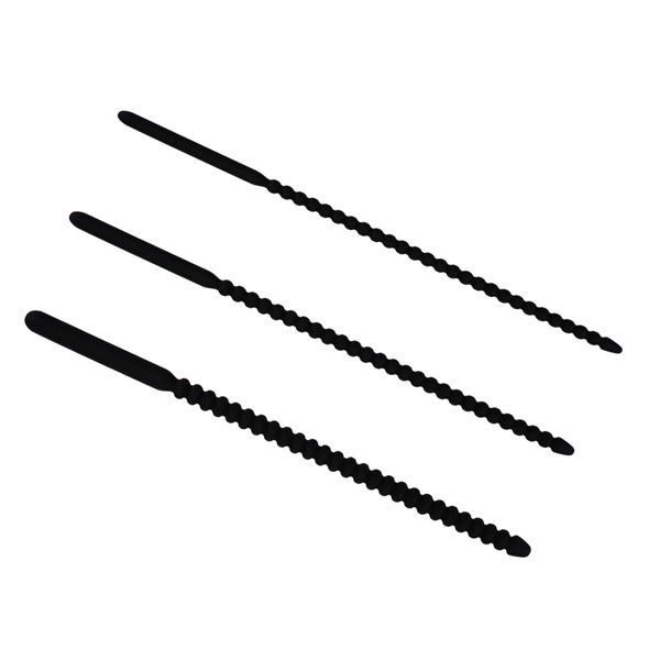 The image displays three silicone beaded penis plugs in black. Each plug has a different diameter and is designed with a series of beads along its length.