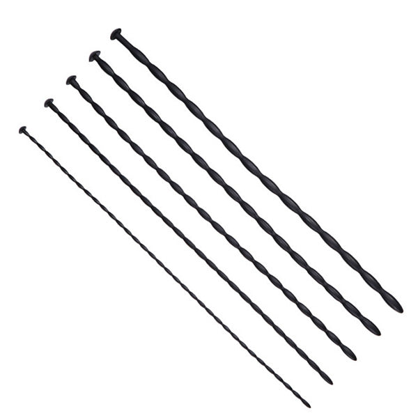 A set of five black silicone penis plugs, each with a tapered design and small beads along the length for stimulation.