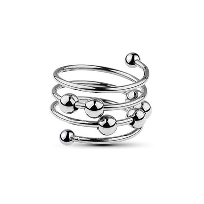 A silver metal spiral beaded cock ring with movable beads on each end, displayed against a white background.