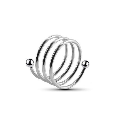A silver metal cock ring with a spiral design and beads on the ends, designed to encircle the penis.