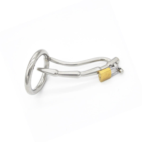 A stainless steel cock cage with a small padlock, designed to fit around the penis and testicles, including a steel ring and a lock with two keys.