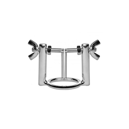 A stainless steel urethral stretcher with two rounded spreader arms and a ring attached to the tip of the penis.