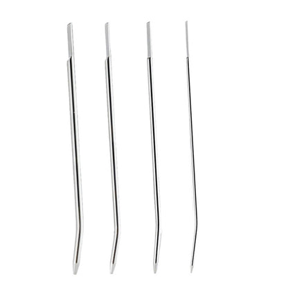 A set of five stainless steel urethral plugs of varying lengths, displayed against a white background.