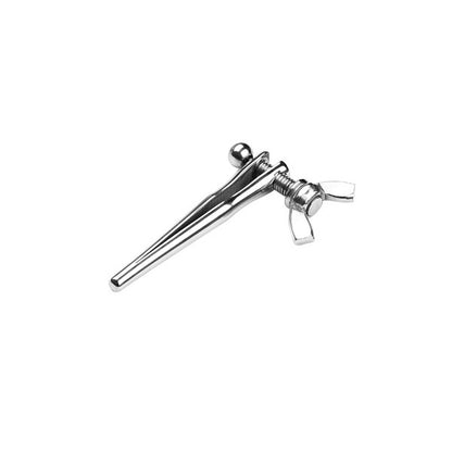 A stainless steel urethral stretcher with a screw mechanism and a small flared tip, designed for penis plug play.
