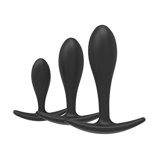 Set of three black silicone butt plugs on a white background