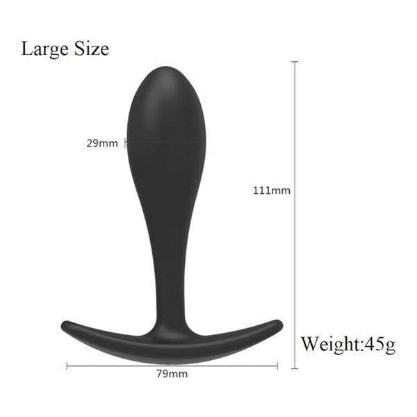 Black anal plug with measurements and weight on a white background