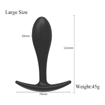 Black anal plug with measurements and weight on a white background