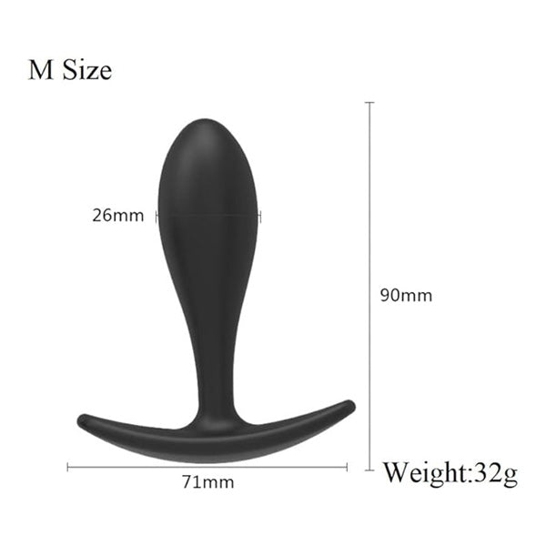 Black M-size product with measurements and weight on a white background