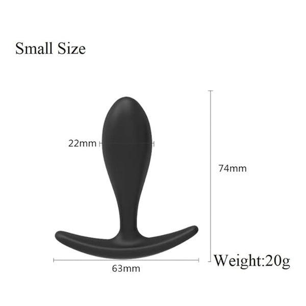 Black small-sized Anal Plug with measurements and weight displayed on a white background