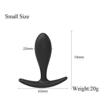 Black small-sized Anal Plug with measurements and weight displayed on a white background