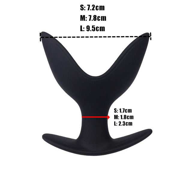 Black Anchor Anal Plug with size measurements on a white background
