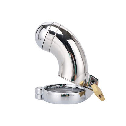 A stainless steel chastity cage with a shiny metallic finish. It has a cylindrical shape with a penis-like extension and a small locking mechanism at the base.