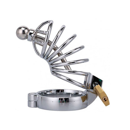 A stainless steel chastity cage with a small ball attachment and a padlock, displayed against a white background.