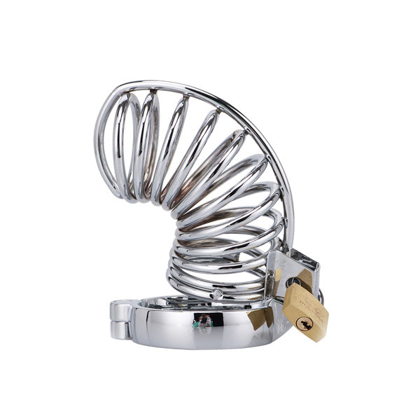 A stainless steel chastity cage with a spring-loaded mechanism and a small ring for secure closure. The device appears to be of high quality and is designed for comfort and safety.