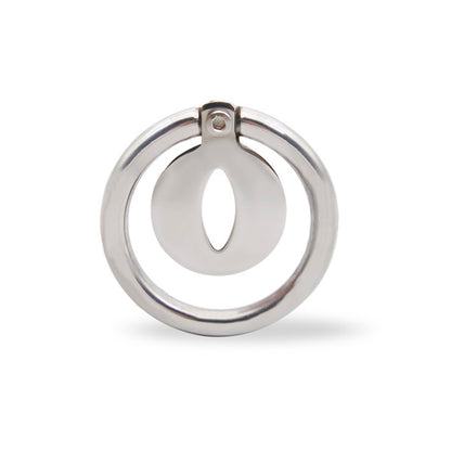 A stainless steel chastity device with a circular back ring and a front screw lock mechanism.