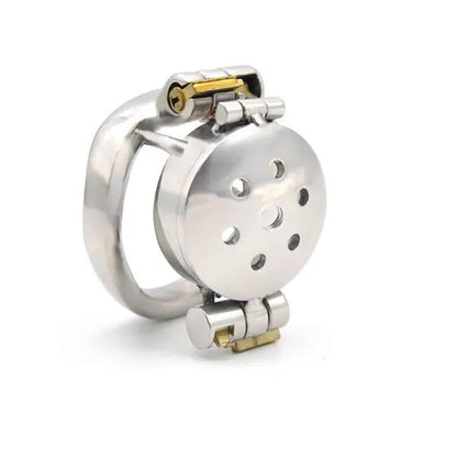 A stainless steel chastity device with double locks and a urethral tube, featuring small openings between the steel bars.