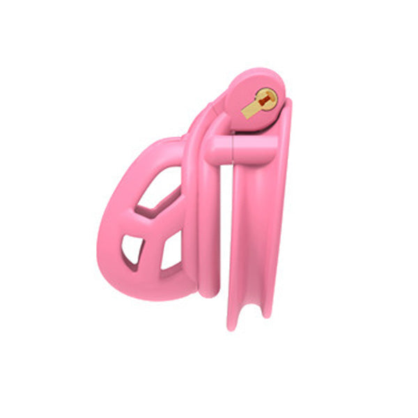 Pink chastity cage cobra 6.0 micro with a key on a white background