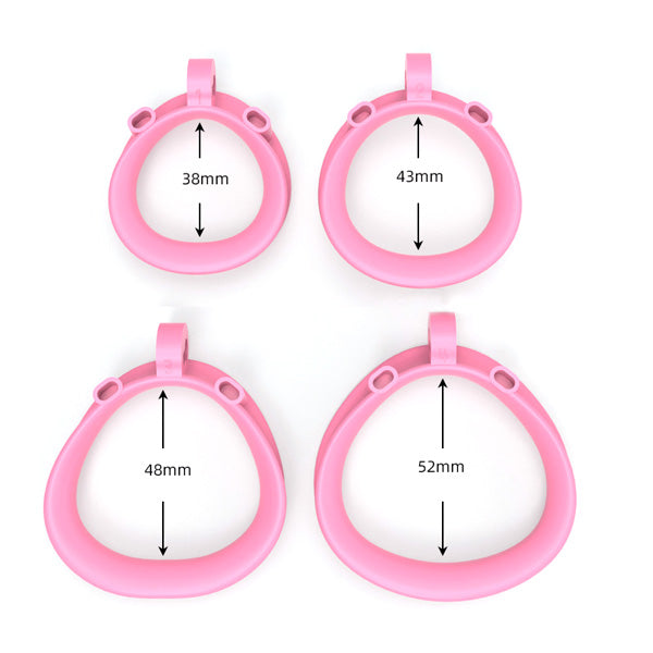 Four pink chastity cage rings for cobra 6.0 with measurements on a white background