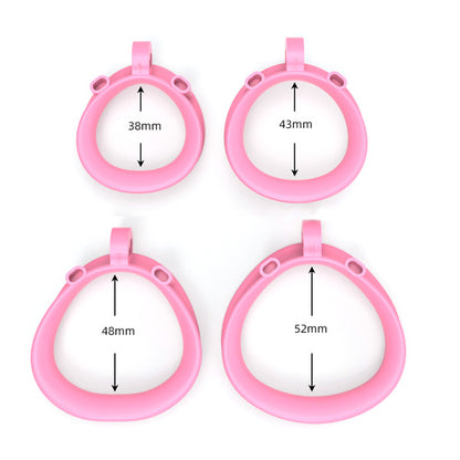 Four pink chastity cage rings for cobra 6.0 with measurements on a white background
