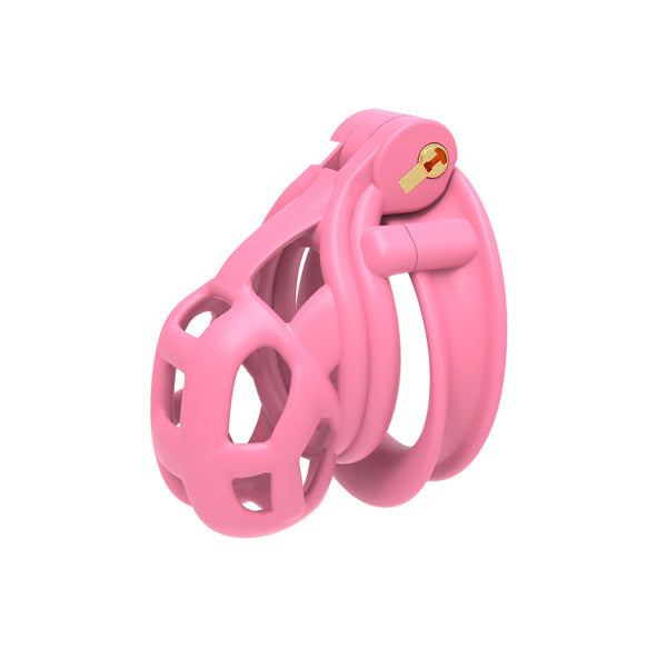 Pink chastity cage 6.0 tight with a white background