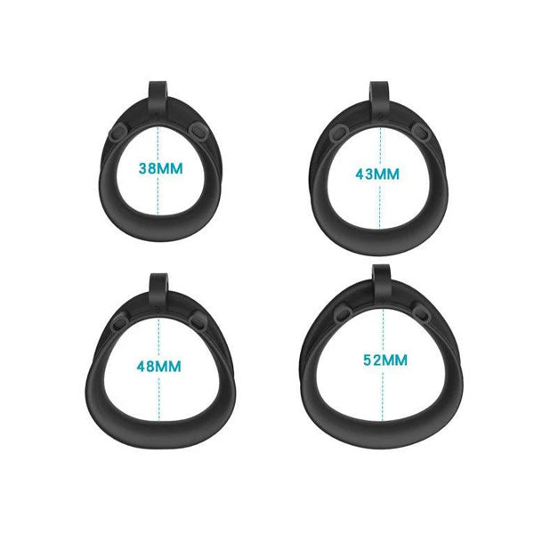 Four chastity cage cobra 6.0 rings with measurements on a white background