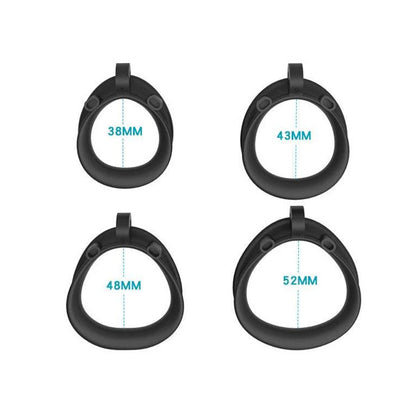 Four chastity cage cobra 6.0 rings with measurements on a white background