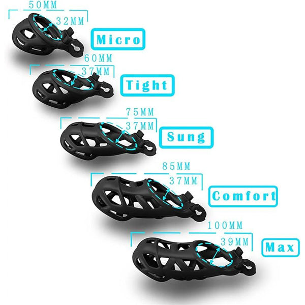 Set of chastity cage cobra 6.0 front part with labeled sizes on a white background